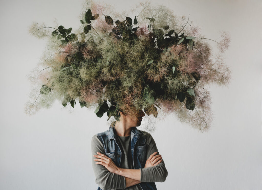 Large decorative bouquet made of green leaves and moss hangs ove